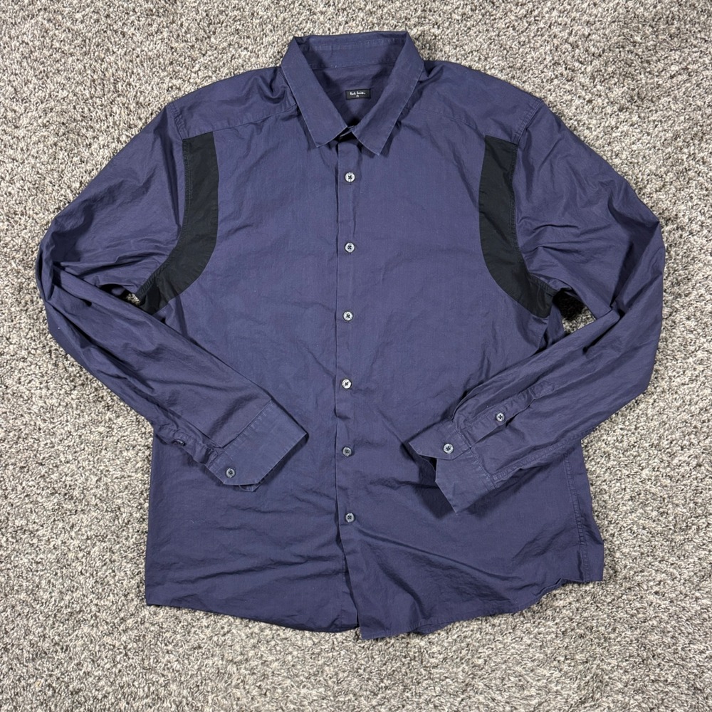 Paul Smith PS Mens XL Button Up Shirt Navy Blue Black Contrast Panel Cotton